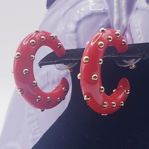 Vintage 80s KJL Bright Red and Gold Studded Hoop Lucite Earrings